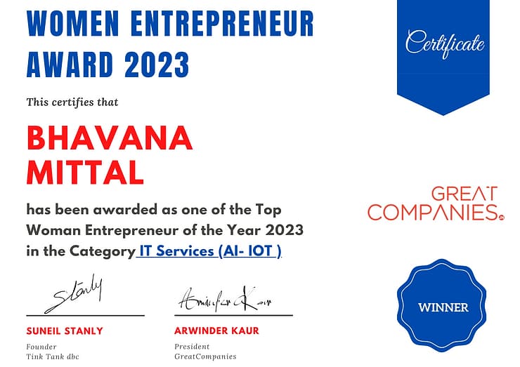 Bhavana Mittal - Great Companies Women Entrepreneur Award Winner 2023